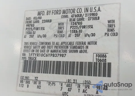 2000 Ford Ranger Xl/Xlt из США, поврежденный, VIN 1FTYR10C6YPB37987